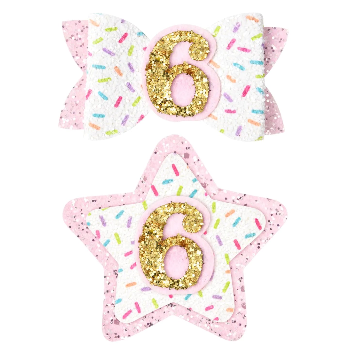 DEEKA 6th Birthday Hair Bow and Badge Set Birthday Decorations for Girl Glitter Pink and White Hair Clips for 6 Year Girl Birthday Party Decoration for Girls Toddlers Hair Accessories