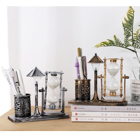 Multi-Ourpose Night Light Pen Holders Ornaments Retro Sandglass Pen Holder Case Office Home Desk Stationery Organizer Decoration