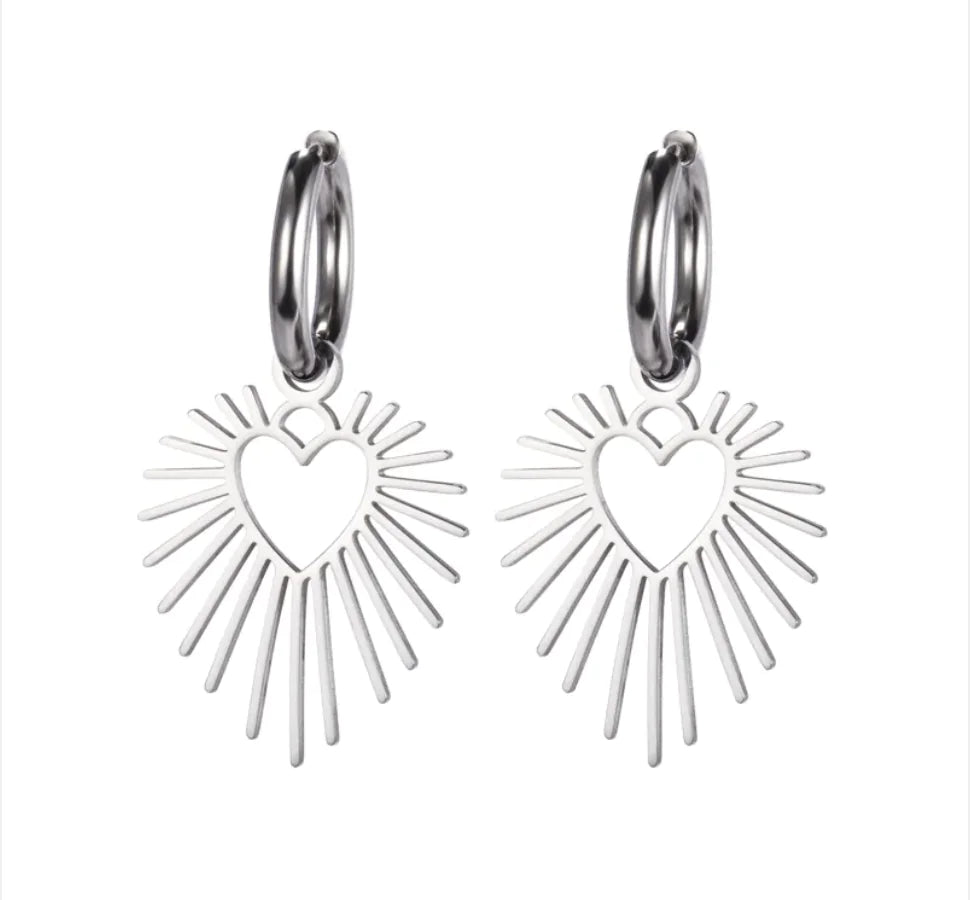 Geometric Heart Sun Pendant Earrings