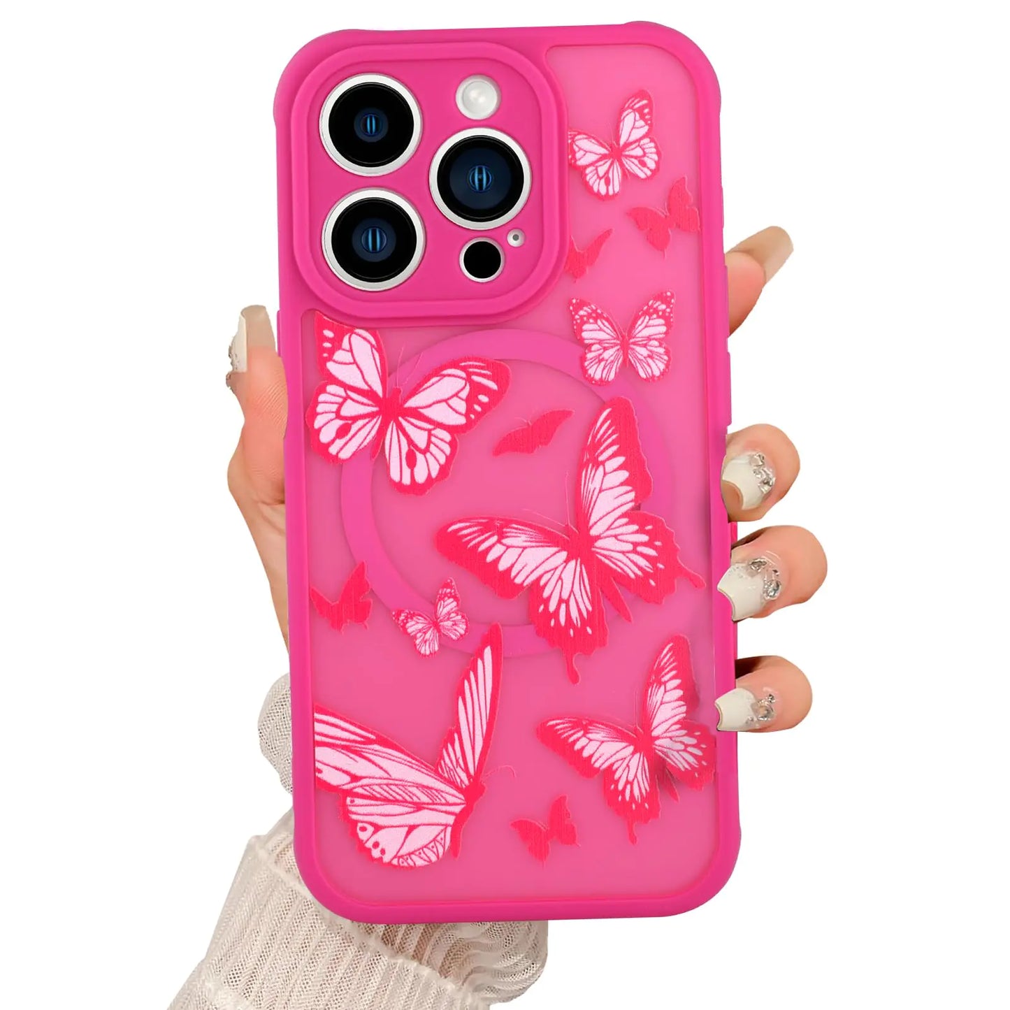 Magnetic for iPhone 15 Pro Max Case [Compatible with MagSafe] Butterfly Print Pattern Design Slim Shockproof Translucent Matte Cover for Women Girls, Black