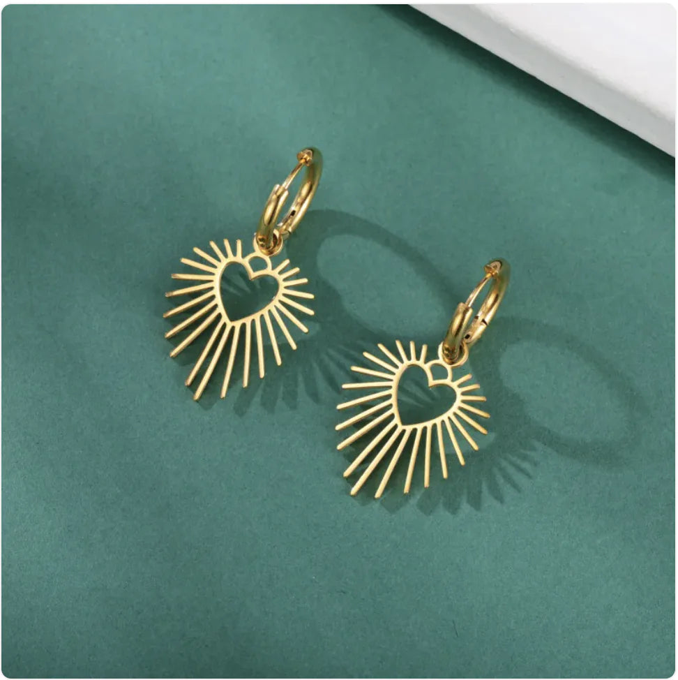 Geometric Heart Sun Pendant Earrings