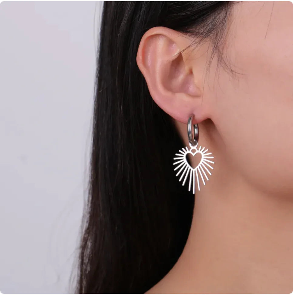 Geometric Heart Sun Pendant Earrings