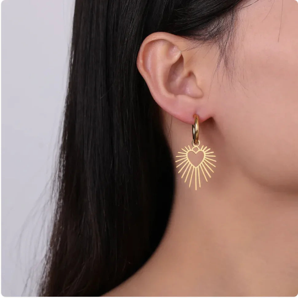 Geometric Heart Sun Pendant Earrings