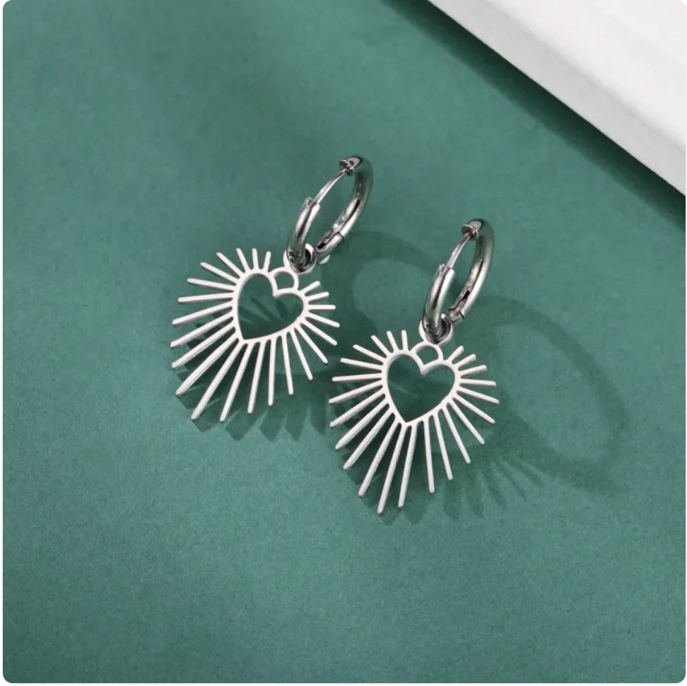 Geometric Heart Sun Pendant Earrings
