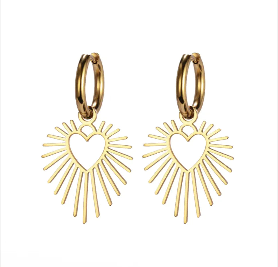 Geometric Heart Sun Pendant Earrings