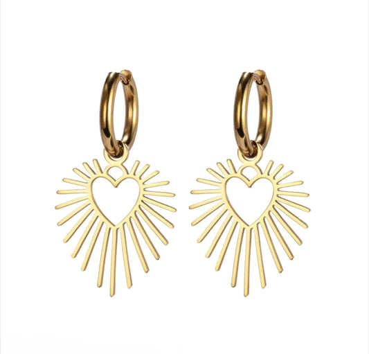 Geometric Heart Sun Pendant Earrings