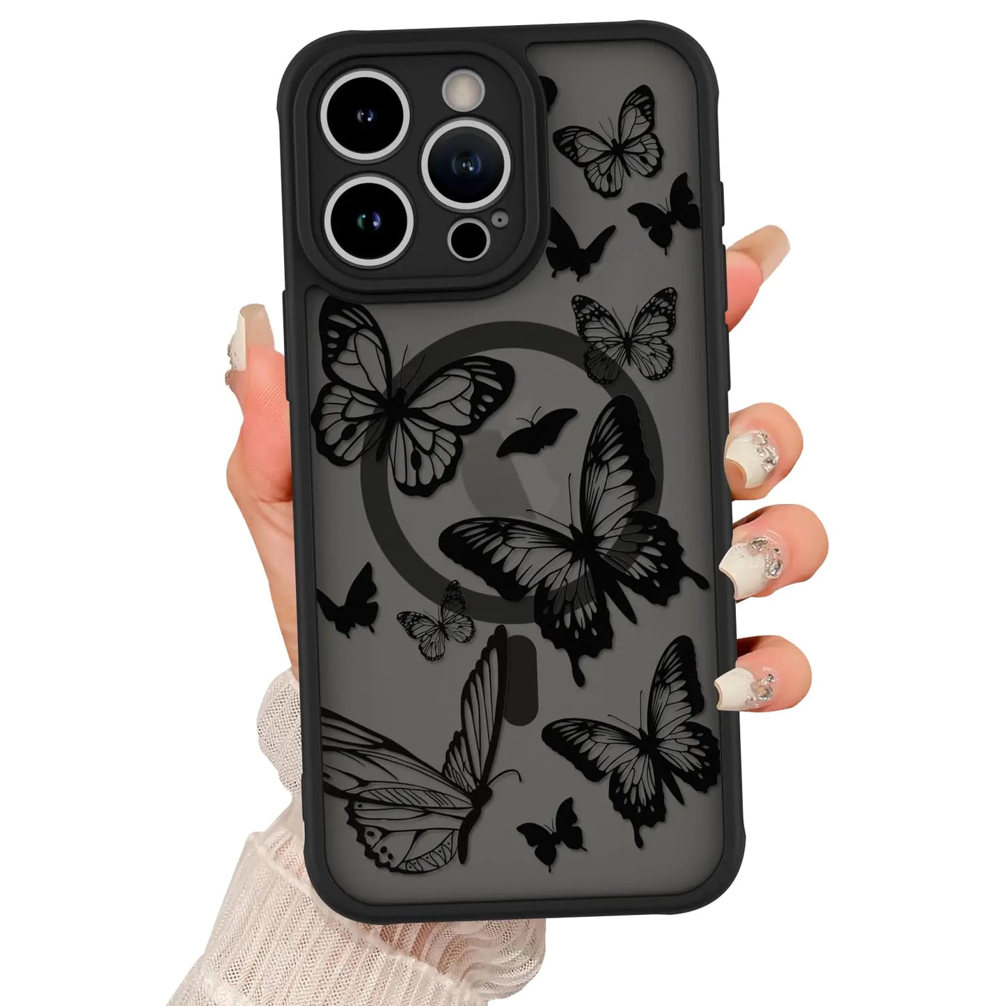 Magnetic for iPhone 15 Pro Max Case [Compatible with MagSafe] Butterfly Print Pattern Design Slim Shockproof Translucent Matte Cover for Women Girls, Black