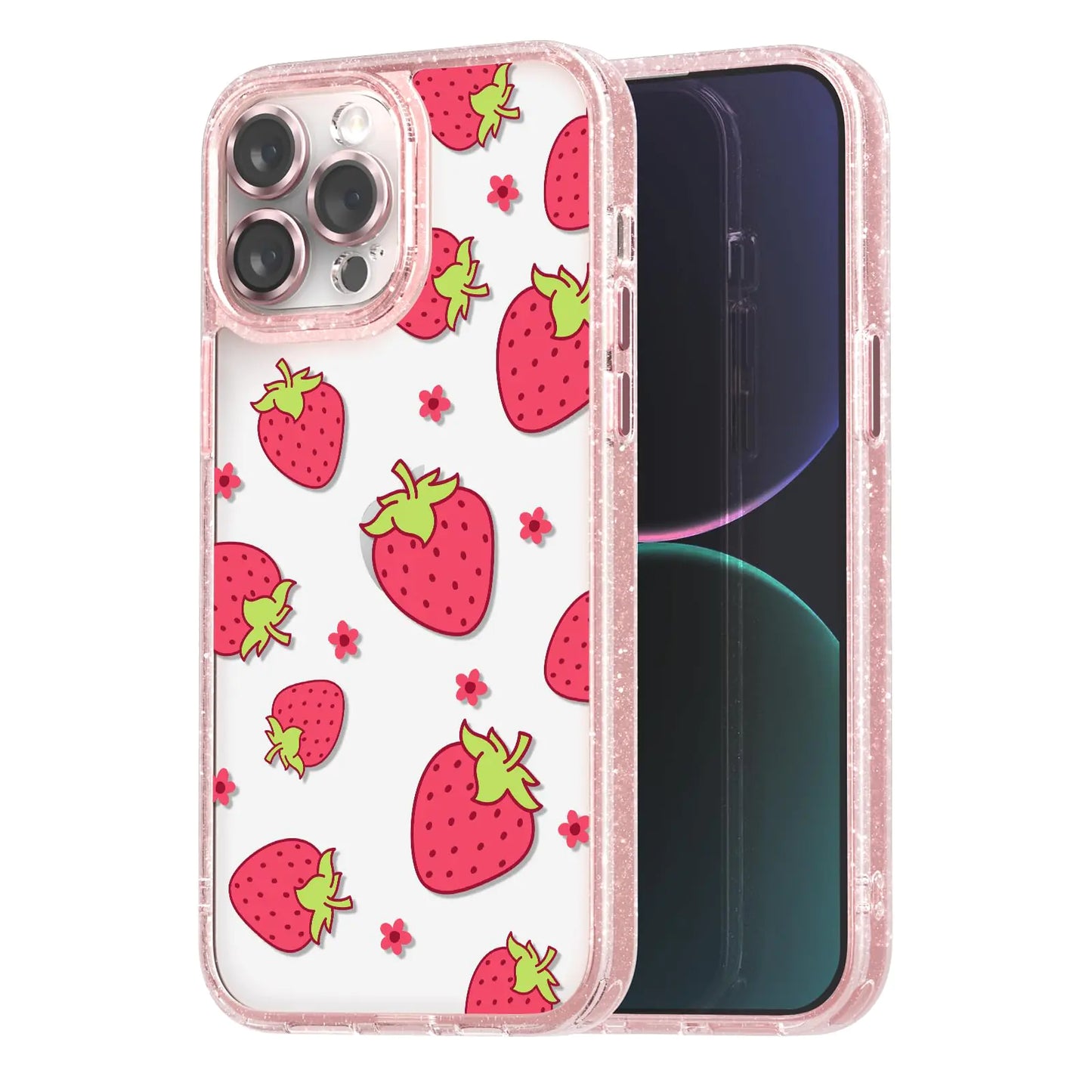Compatible for iPhone 13 Pro Max Case Cute Aesthetic - Glitter Pink Phone Case with Camera Protector - Girly Strawberry Pattern Print Cover Design for Woman Girl 6.7"