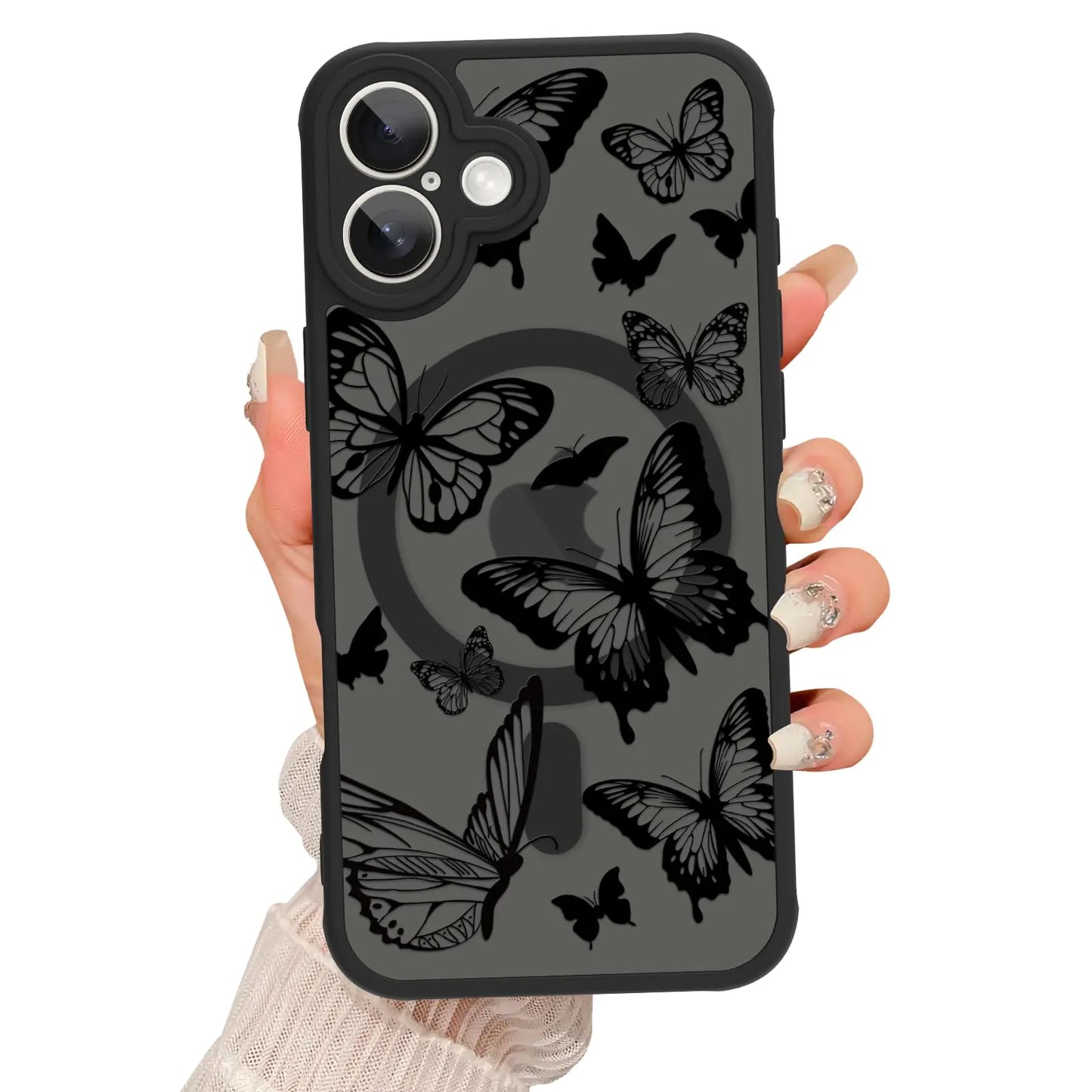 Magnetic for iPhone 15 Pro Max Case [Compatible with MagSafe] Butterfly Print Pattern Design Slim Shockproof Translucent Matte Cover for Women Girls, Black