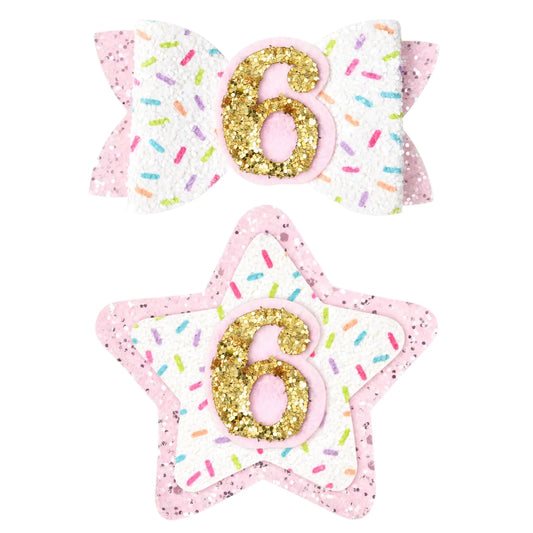 DEEKA 6th Birthday Hair Bow and Badge Set Birthday Decorations for Girl Glitter Pink and White Hair Clips for 6 Year Girl Birthday Party Decoration for Girls Toddlers Hair Accessories